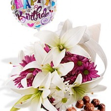 Asiatic and Chryssie Package with Chocolate Box and Helium Happy Birthday Balloon